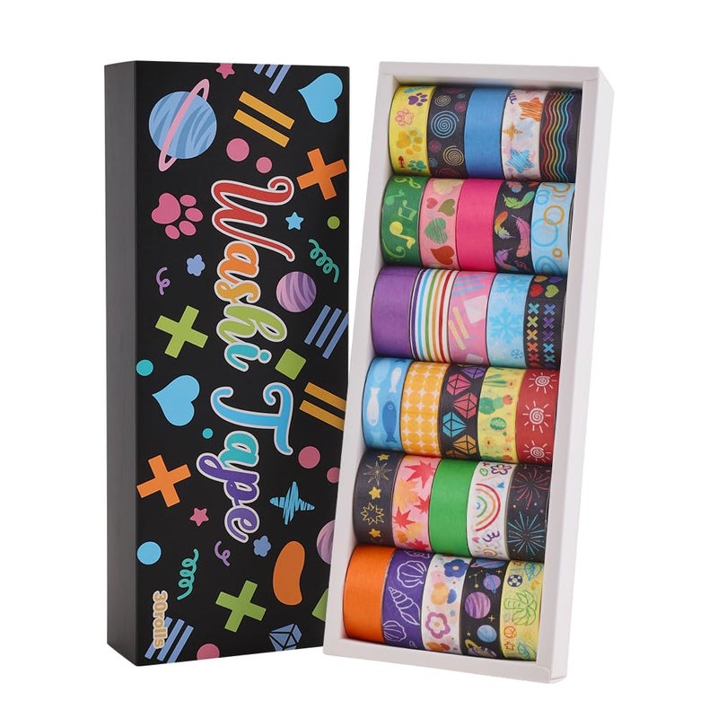 icceemee 30 Rolls Colorful Theme Washi Tape Set with Different Colorful Patterns, Writable Decorative Tapes for Scrapbooking, Junk Journal Supplies, Bullet Journaling, 0.6'' x 79'' per Roll - Image 1
